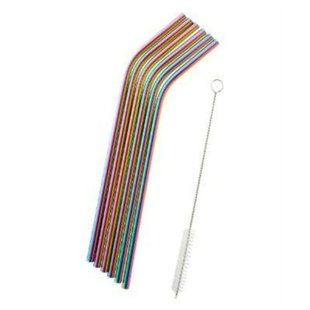 California Home Goods Straws Set of 6 Multi-color Teal Pink Stainless Steel